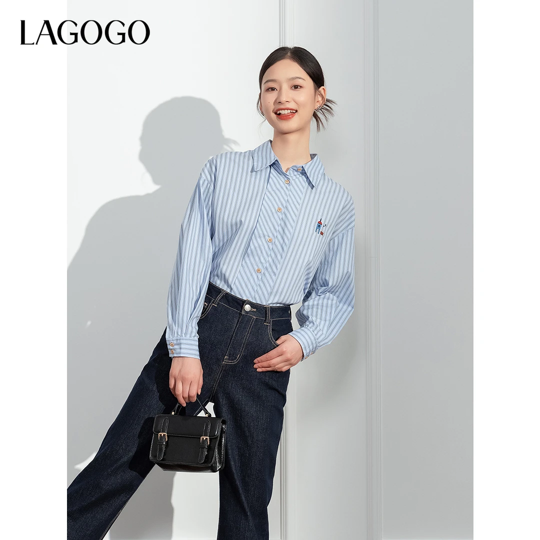 LAGOGO纯棉蓝白条纹刺绣衬衫女拉谷谷春秋清新百搭上衣NCCC427G04