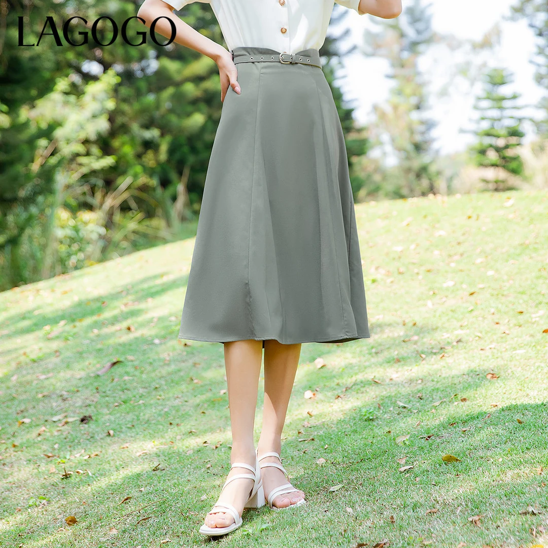 lagogo2023新款同色装饰腰带A摆中长裙女MABB235G46