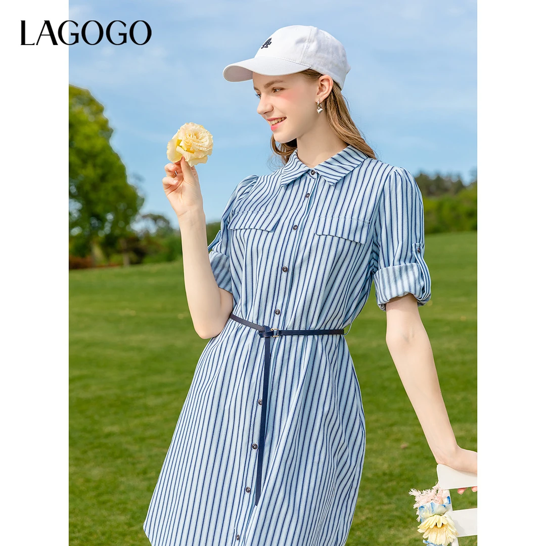 lagogo拉谷谷新款清爽条纹带腰带舒适连衣裙女NALL424F31