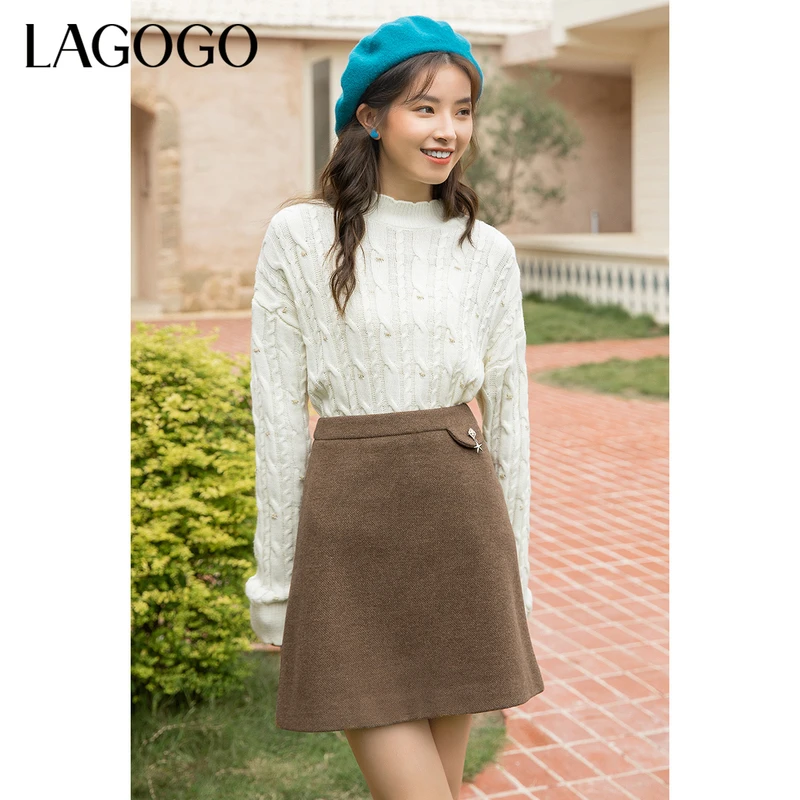 Lagogo2022新款高腰纽扣拉链A字摆半裙女LCBB139G12