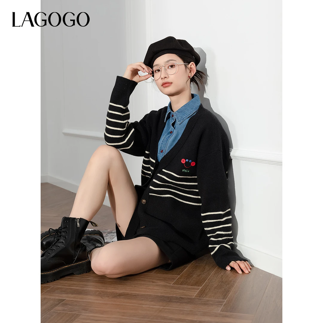 LAGOGO简约V领条纹针织衫女拉谷谷春秋款撞色外套NCMM827G02