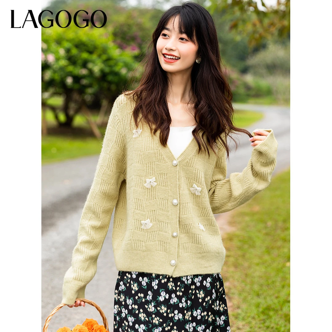 lagogo拉谷谷2024年新款花型针蝴蝶结甜美针织衫女NAMM812G26