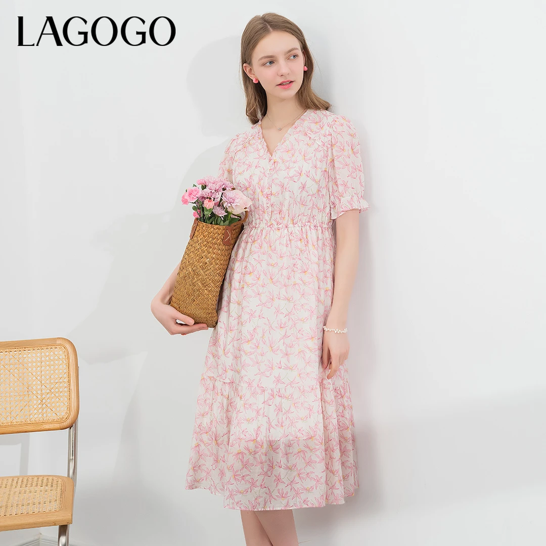 lagogo拉谷谷新款法式浪漫高腰显瘦碎花裙女NALL303F61