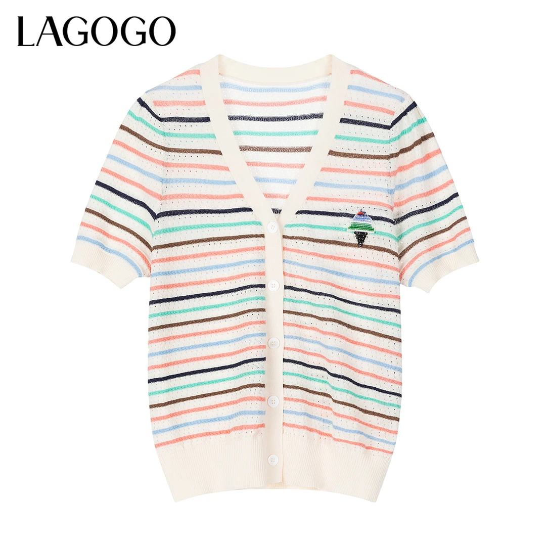 lagogo拉谷谷2024年新款彩虹条纹镂空弹力软糯针织女NAMM623F21