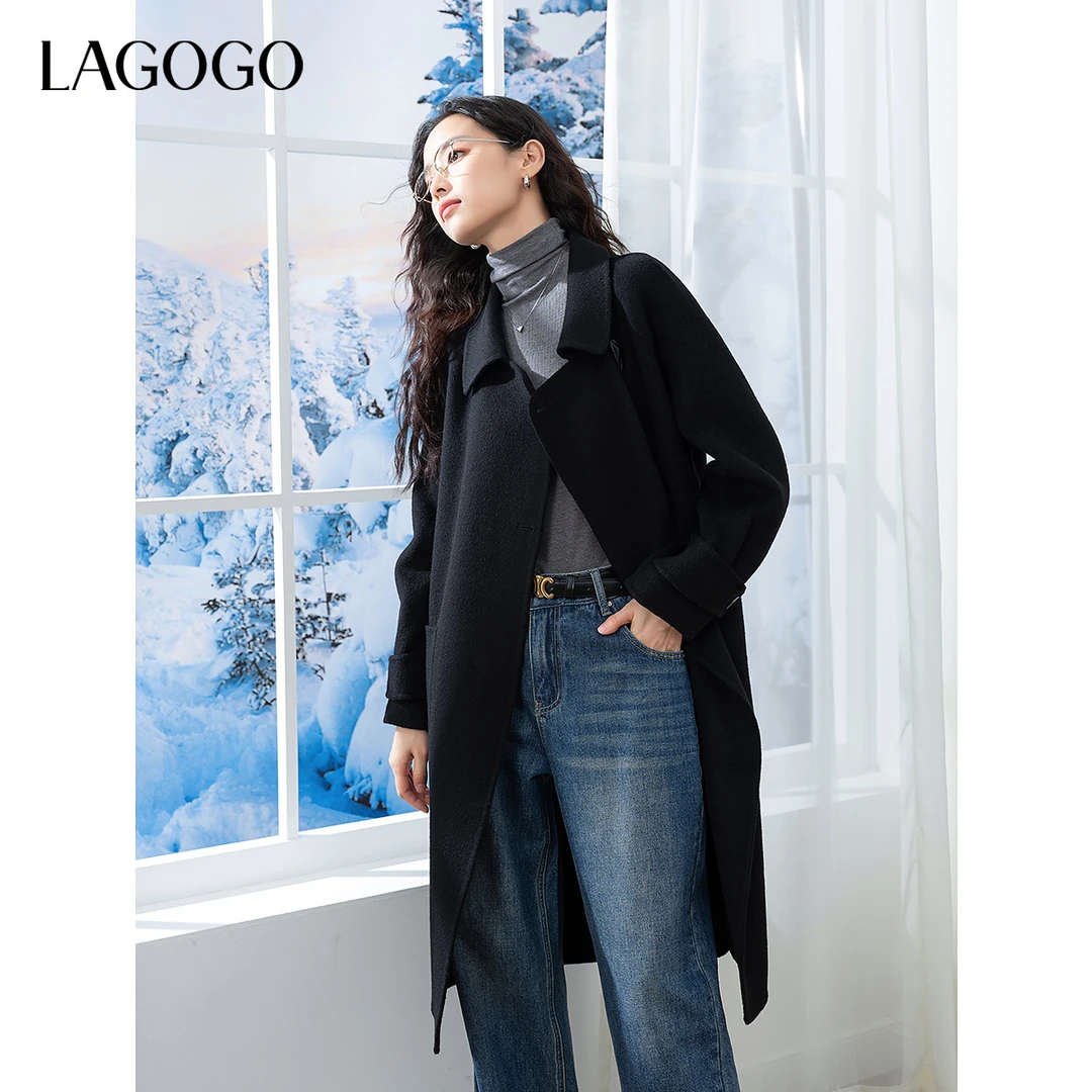 【100%绵羊毛】LAGOGO牛角扣大衣女拉谷谷2024冬款双面呢NCDD339G13