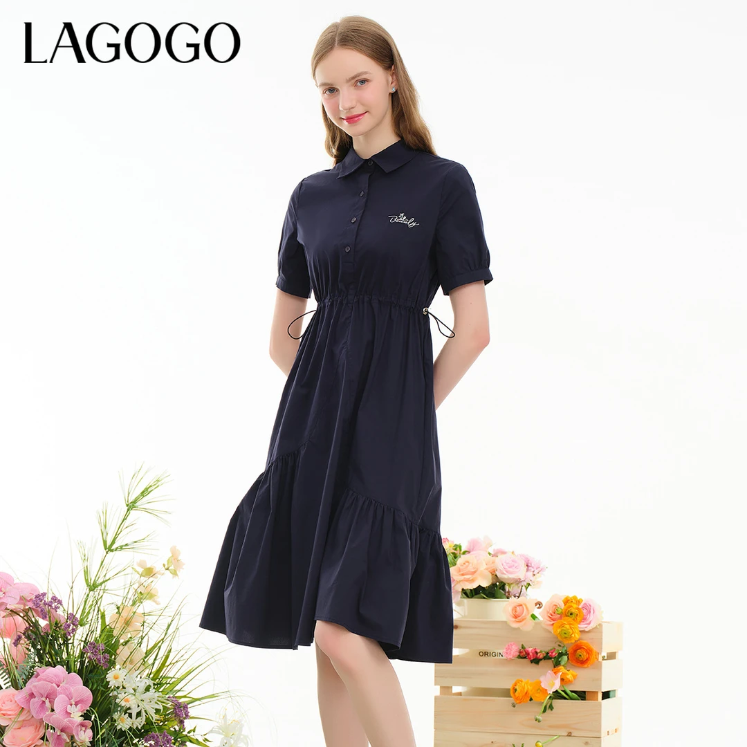 lagogo拉谷谷2024年新款青春感显白藏青色连衣裙女NALL313G40