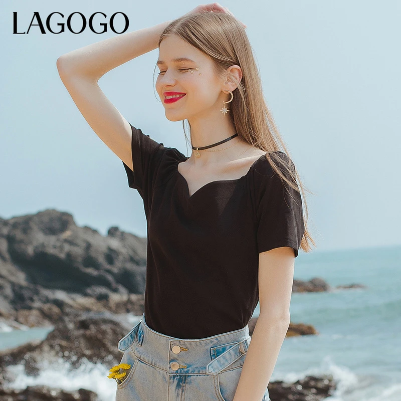 Lagogo2021新款棉氨桃心领修身T恤女KATT333G02
