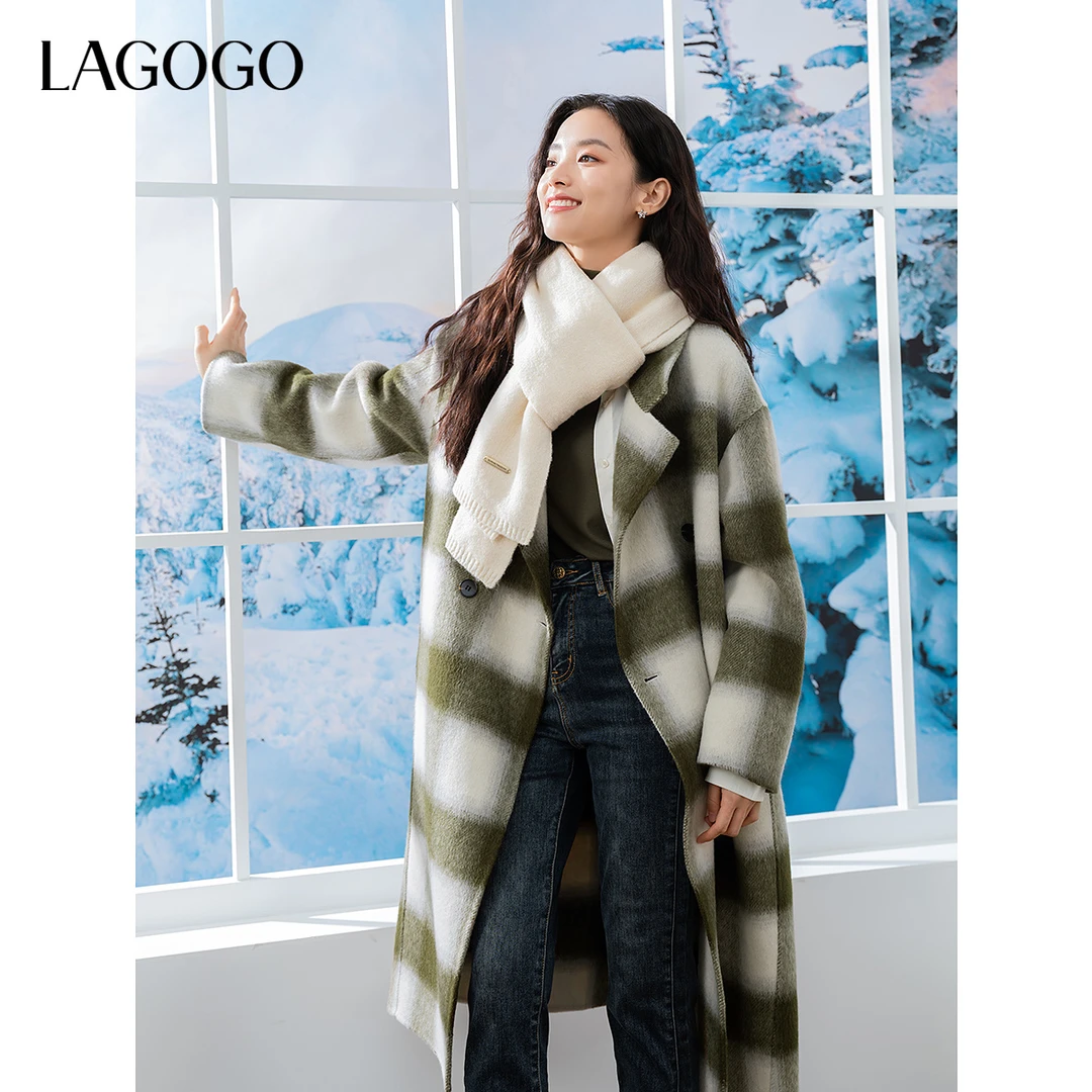 LAGOGO含羊毛中长款大衣女拉谷谷2024冬款格纹双面呢NCDD349G10