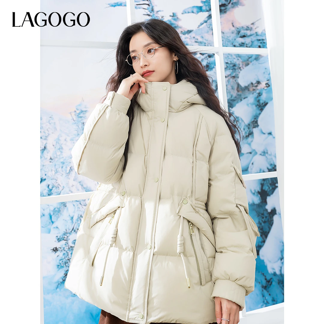 LAGOGO小个子收腰羽绒服女拉谷谷2024冬款轻盈连帽外套NCYY339G45