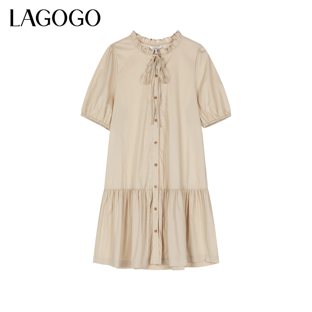 lagogo拉谷谷新款木耳边领仙气弹力舒适裙子女NALLA33A57