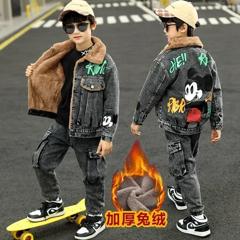 儿童秋冬装男童加绒加厚套装2025新款中大童男孩牛仔洋气帅气潮酷