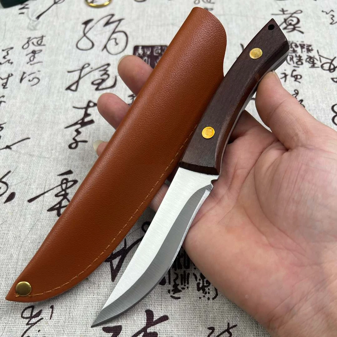 (送皮套)3毫米厚一体龙骨实木手柄水果刀户外便携烧烤刀手把肉刀