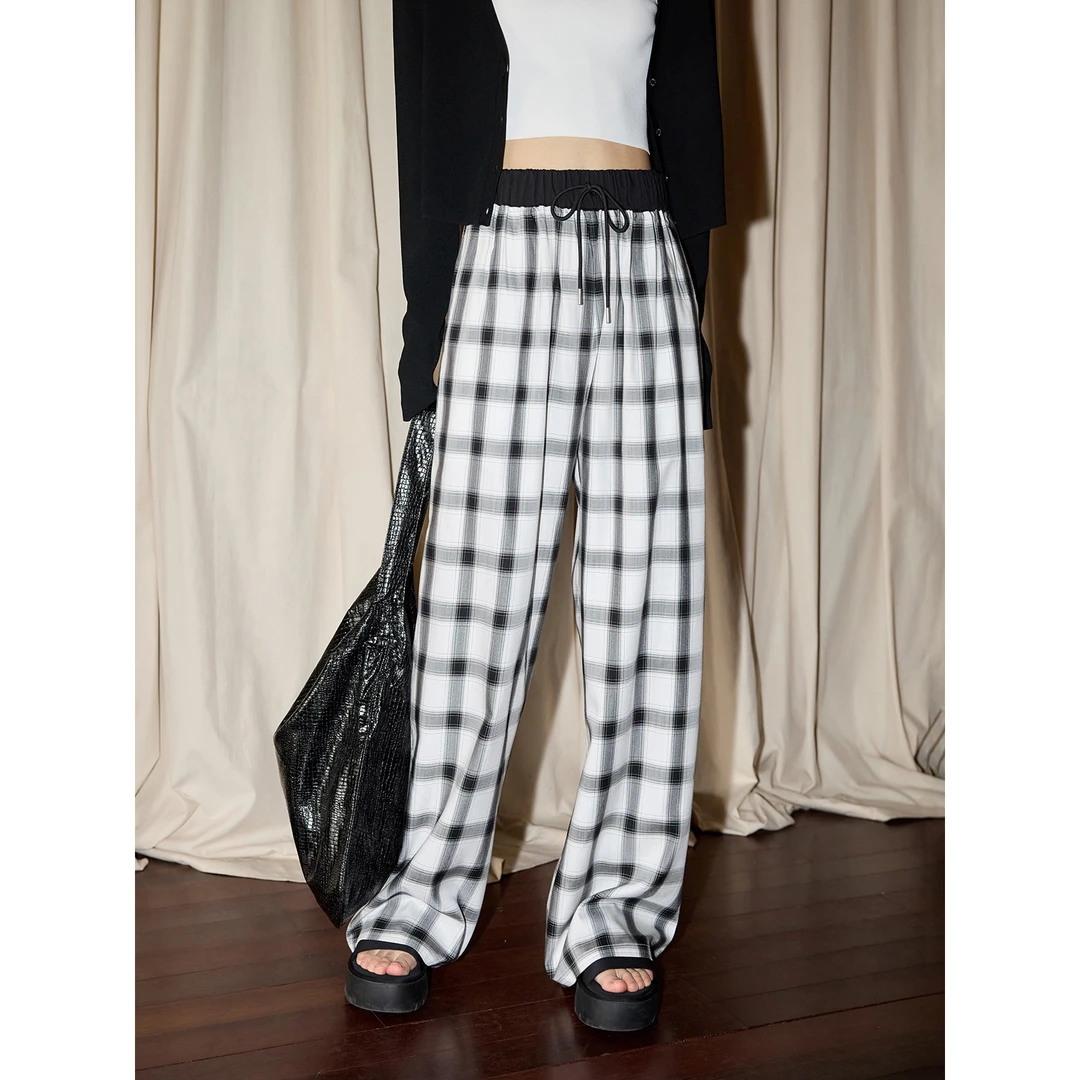 JUSLIN 黑白格纹醋酸混纺撞色拼接设计宽松休闲拖地裤 J0620