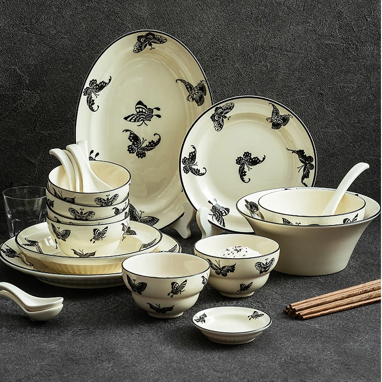 造器家用创意陶瓷轻奢中式釉下彩日式米饭碗套装简约餐具复古菜盘