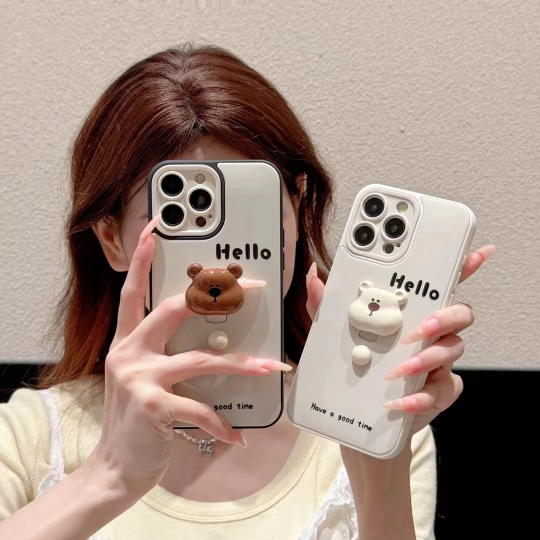 简约英文指环扣小熊苹果15promax手机壳iPhone14pro全包13pro防摔