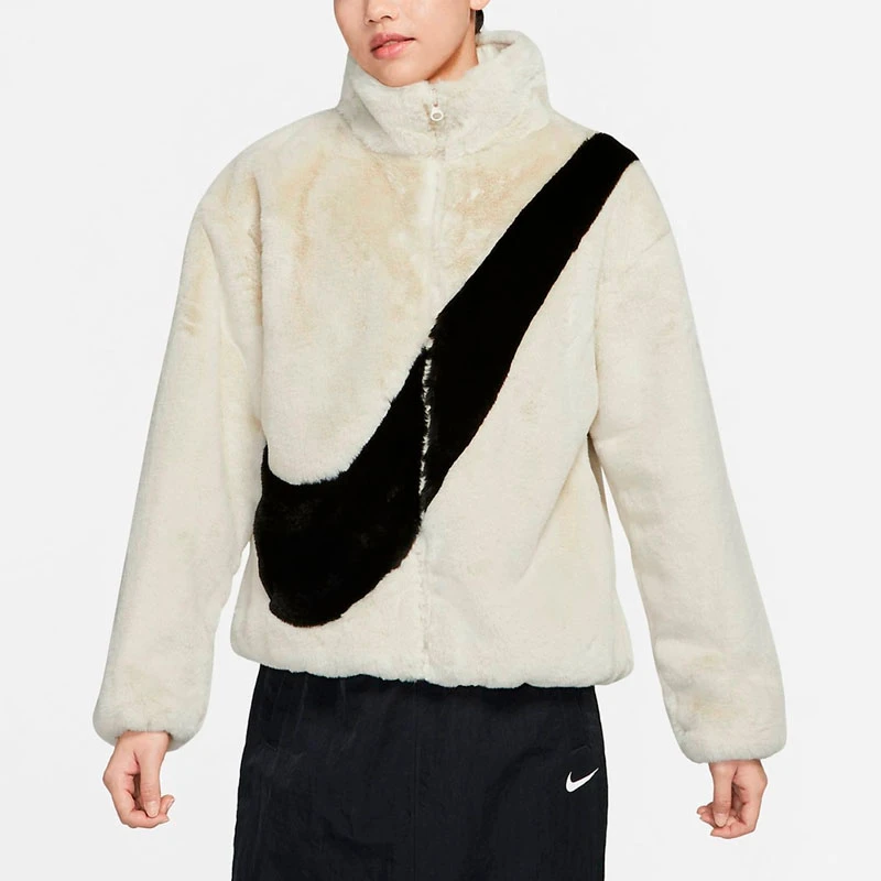 耐克NIKE女子保暖经典大LOGO休闲人造貂绒立领外套DM1760-238