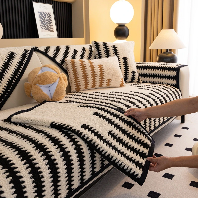 条纹雪尼尔沙发垫四季通用防滑坐垫轻奢高级感加厚皮沙发套罩盖布