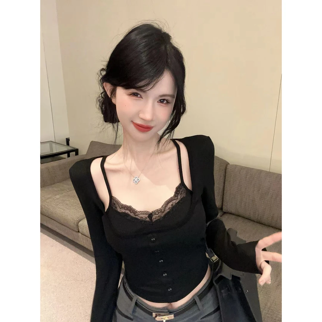 韩版纯欲辣妹气质性感蕾丝假两件修身长袖内搭短款打底衫上衣女秋