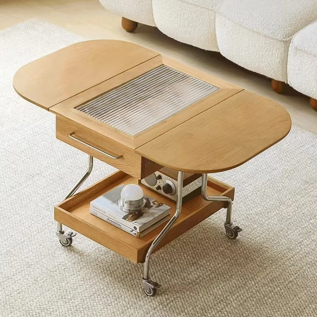 白橡木茶几  北美进口白橡木移动茶几  万向轮茶几  可折叠