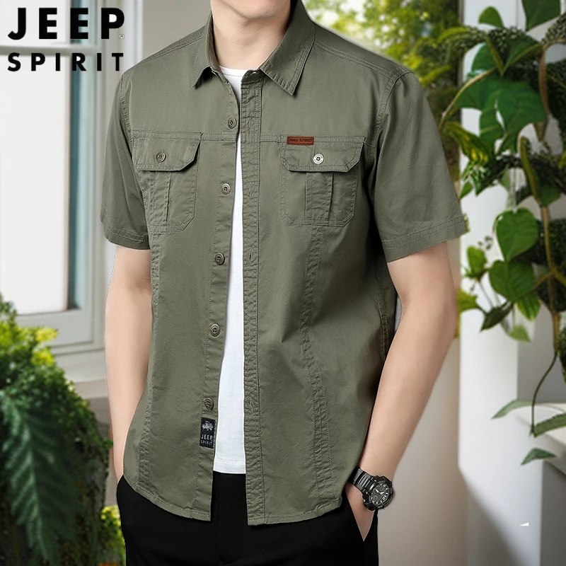 JEEPSPIRIT1941ESTD夏季休闲衬衫工装短袖男士2024新款棉上衣男