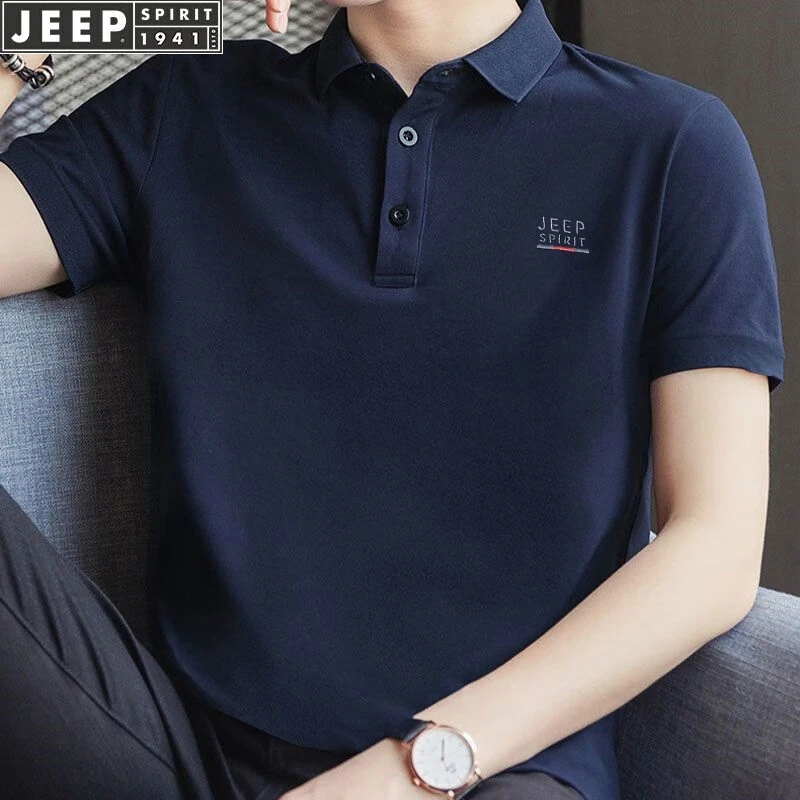 JEEP吉普短袖t恤男宽松翻领POLO衫夏季纯色棉质商务男士高档半袖