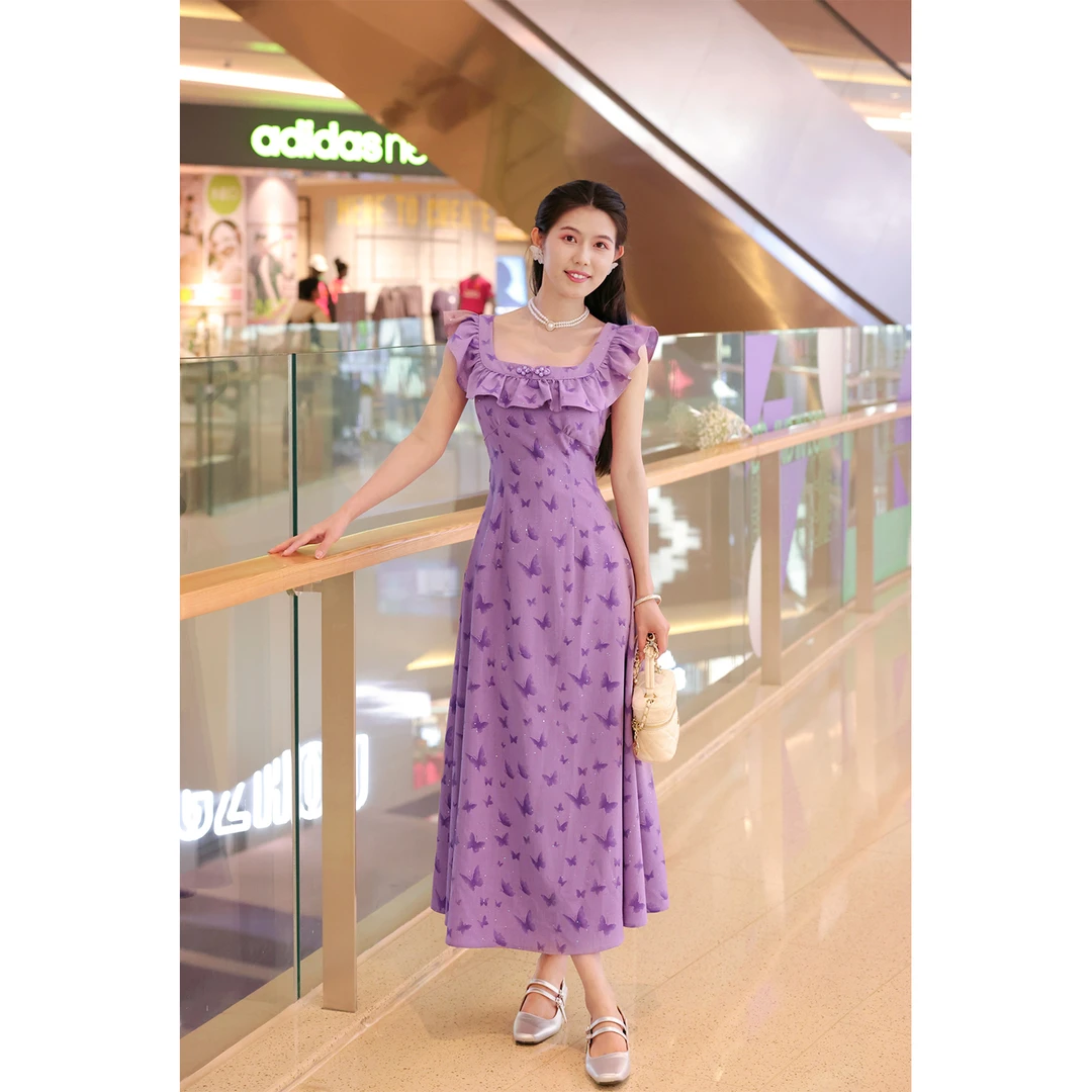 巧漂亮【山有木兮】一字肩紫色蝴蝶连衣裙女夏法式气质裙子收甜美