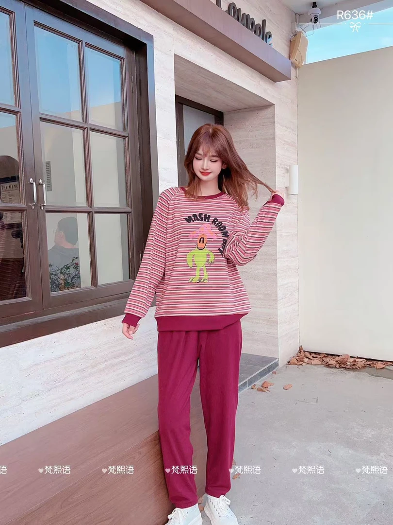 【欢欢精选】梵家627舒适德绒蘑菇人条纹卡通休闲长袖家居服可外穿