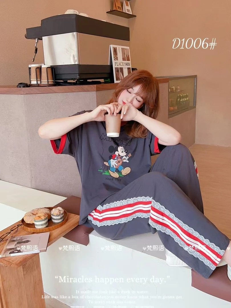 【欢欢精选】梵家1006吉他米奇蕾丝花边半袖长裤可外穿家居服套装