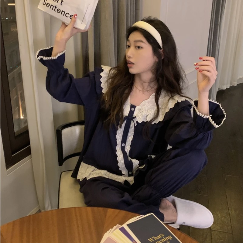 网红时尚100%纯棉睡衣女式春秋季套装宽松ins高颜值可外穿家居服