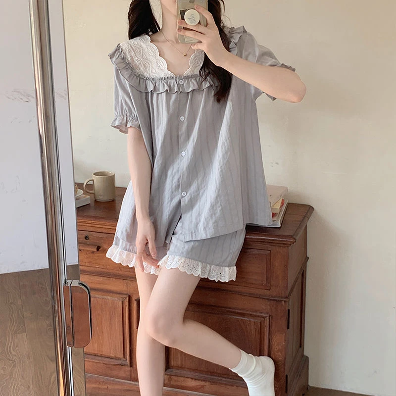 夏天睡衣女纯棉100%全棉套装新款宽松纯色开衫圆领甜美大码家居服