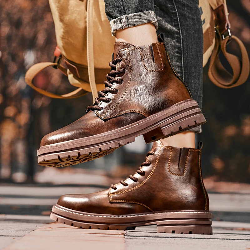 高帮百搭马丁靴男秋冬加绒保暖英伦风工装复古高品质大码4748短靴