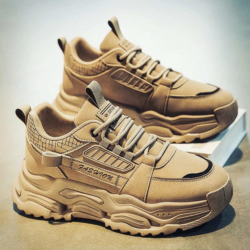 莆田男鞋2024秋季新款百搭皮面休闲运动鞋子男士增高款工装老爹鞋