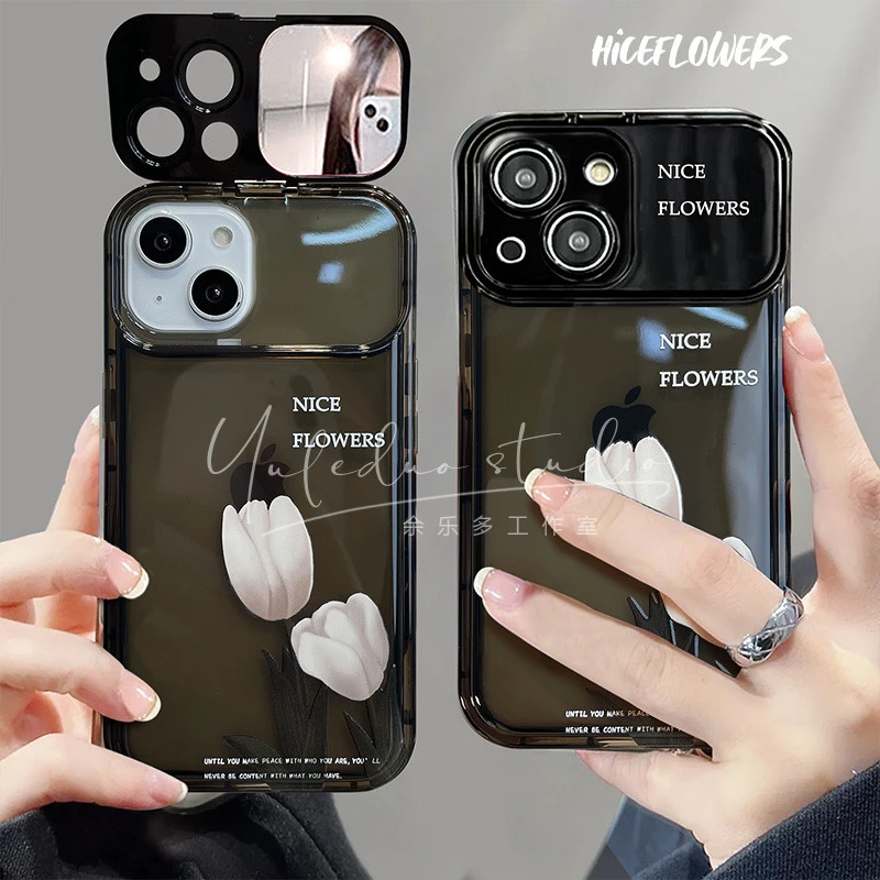 高级感郁金香iPhone14Promax苹果13翻盖镜子手机壳12少女11网红xr