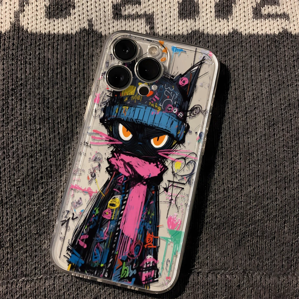 余乐多油画小黑猫适用苹果iPhone15/14promax手机壳13太空12软壳