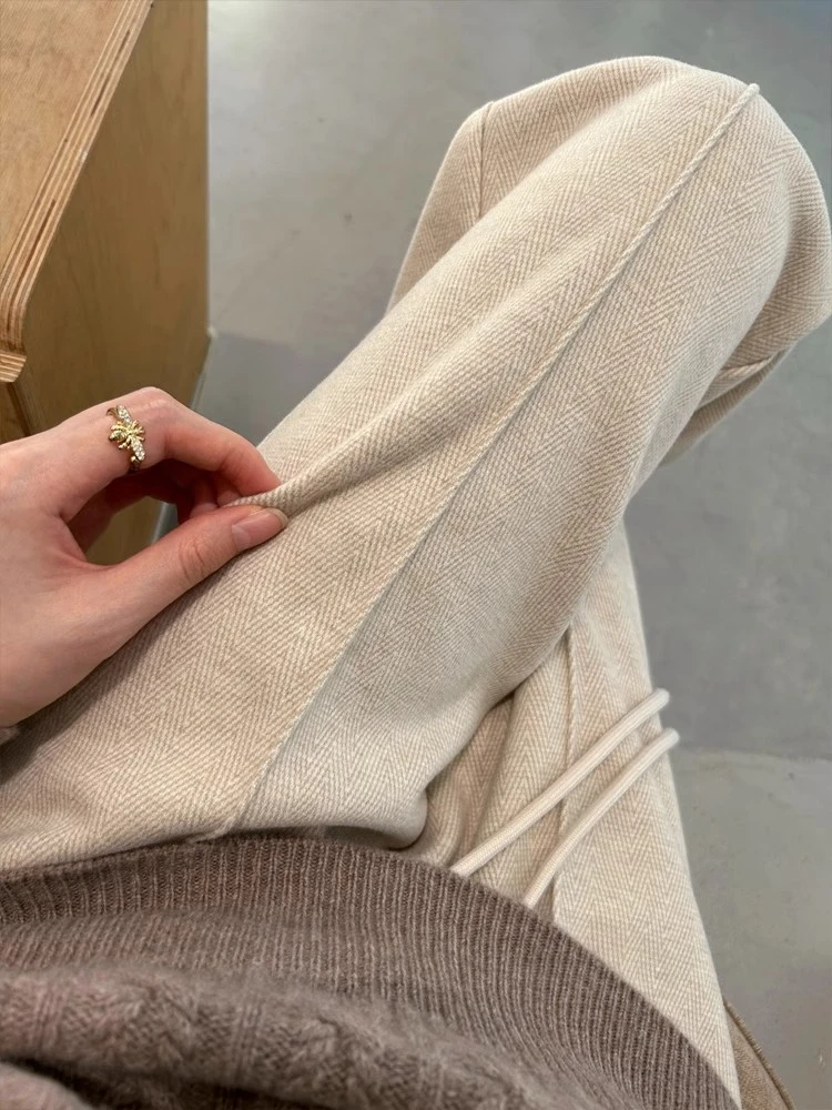 加绒窄版阔腿裤女2025新款秋冬季垂感高腰毛呢裤人字纹直筒裤子