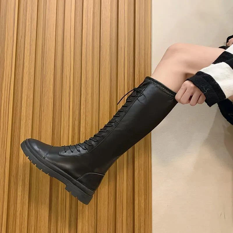 学生平底厚底系带不过膝长靴女2022秋冬加绒新款骑士靴高筒长筒靴
