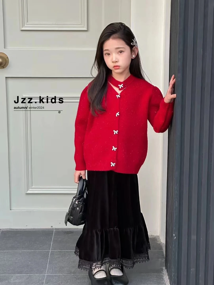 女童毛衣冬季新款洋气新年衣服冬装2024新款儿童秋冬红色针织上衣