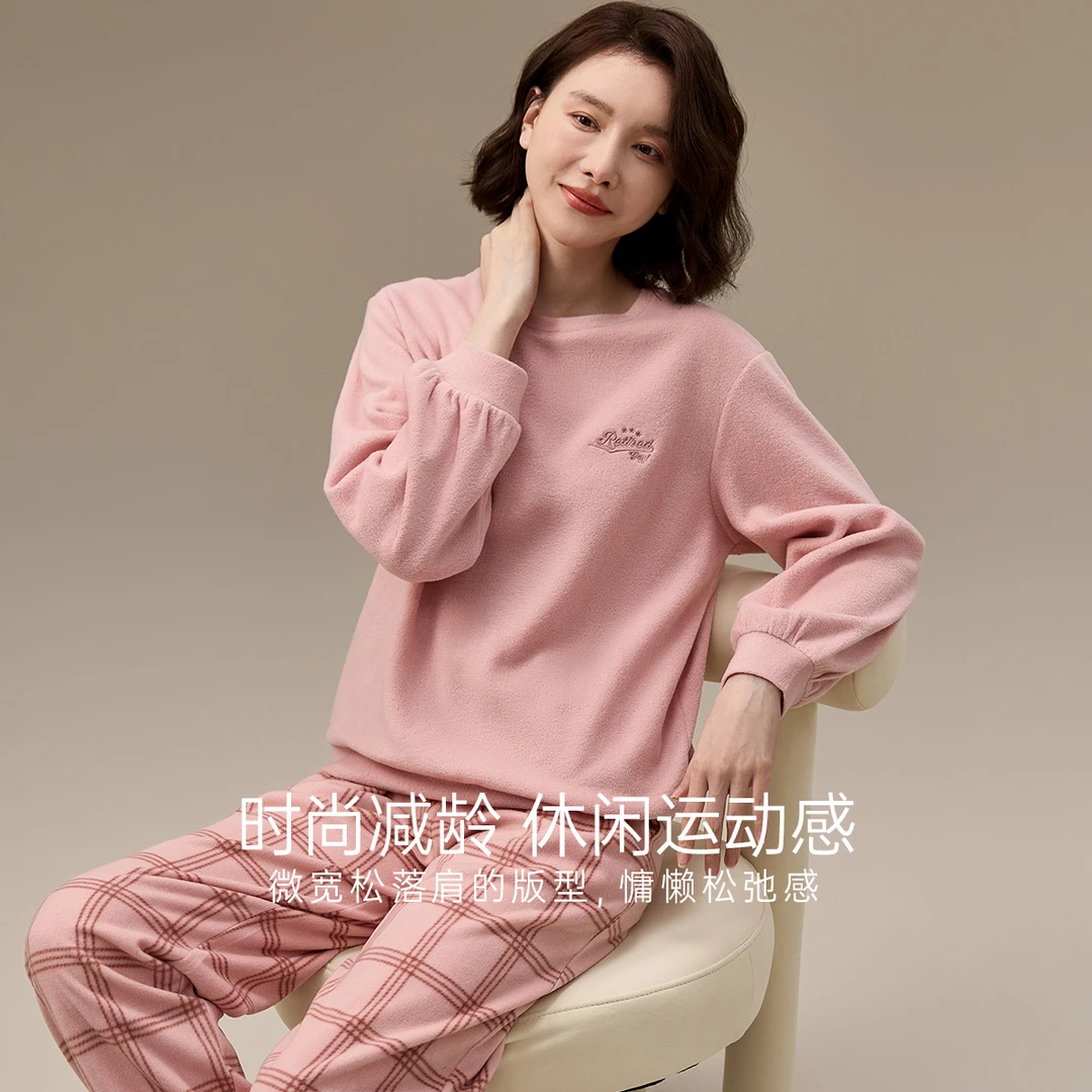 睡衣男女情侣秋冬摇粒绒中厚套头长袖休闲家居服可外穿套装