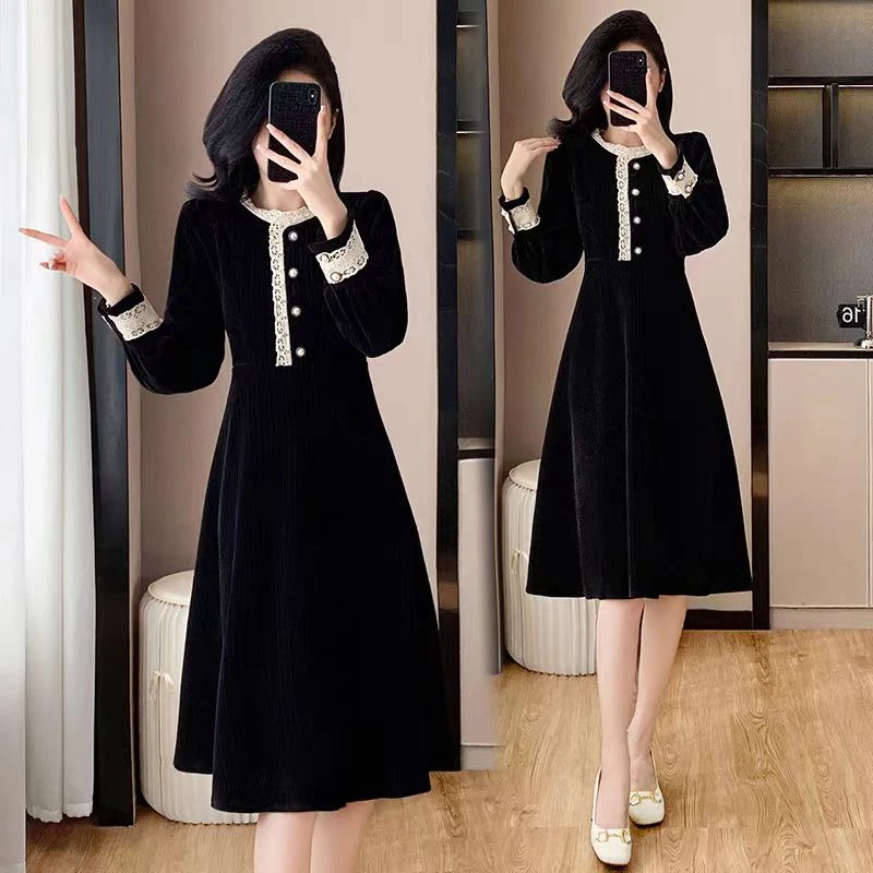 （现货）复古灯芯绒连衣裙女秋装2024新款气质赫本风a字裙子1629