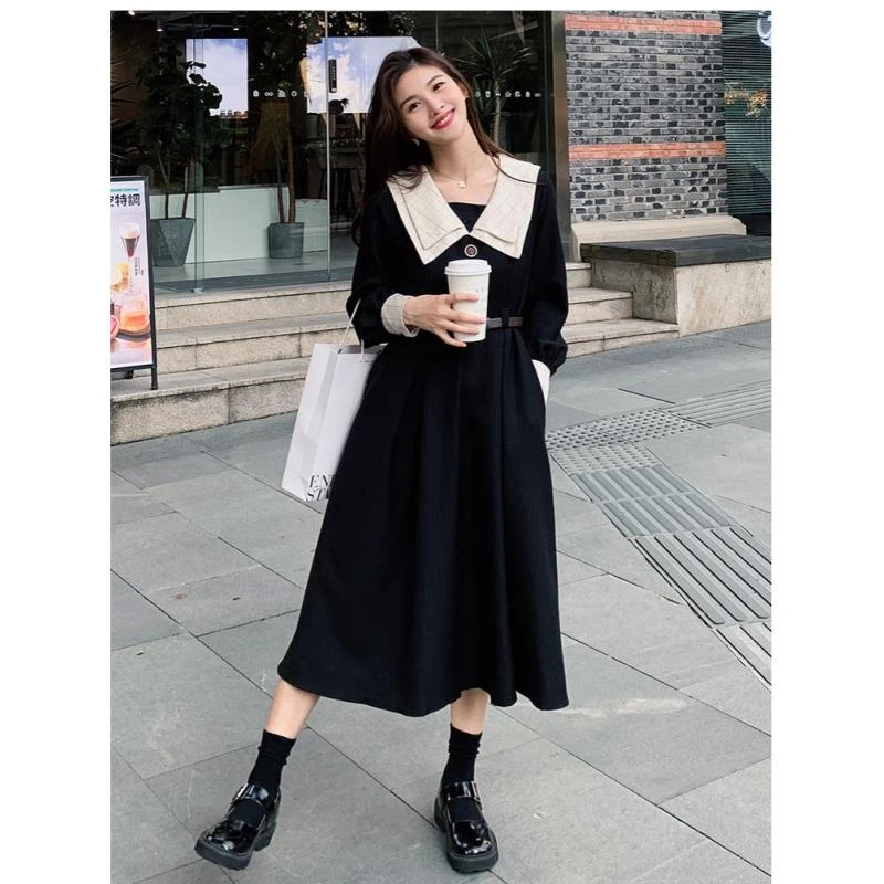 （现货）少女连衣裙中长款2024秋新款显瘦小黑裙子1381（送腰带）
