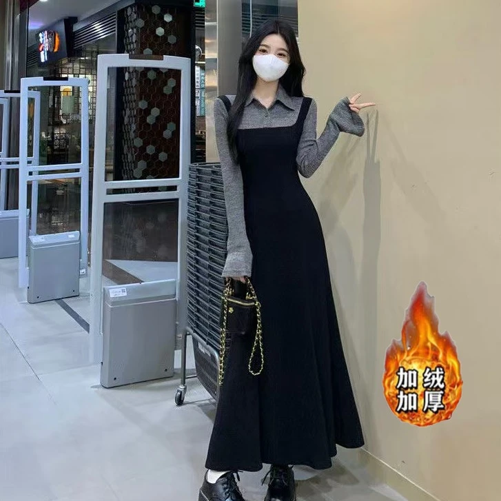 （现货清货）学院风长袖假两件连衣裙女秋冬polo领黑色假两件裙1655