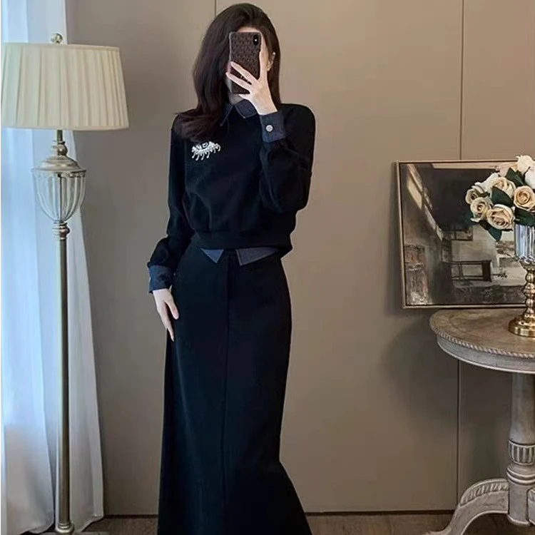 （现货）黑色时尚套装裙女秋洋气显瘦卫衣半身裙气质两件套1621