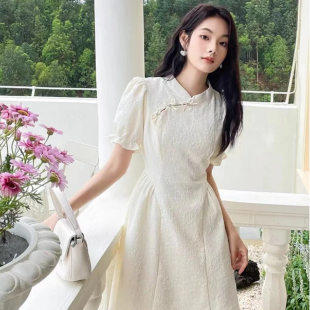 大码新款新中式连衣裙女2025春夏新款泡泡袖赫本风A字仙女裙1455