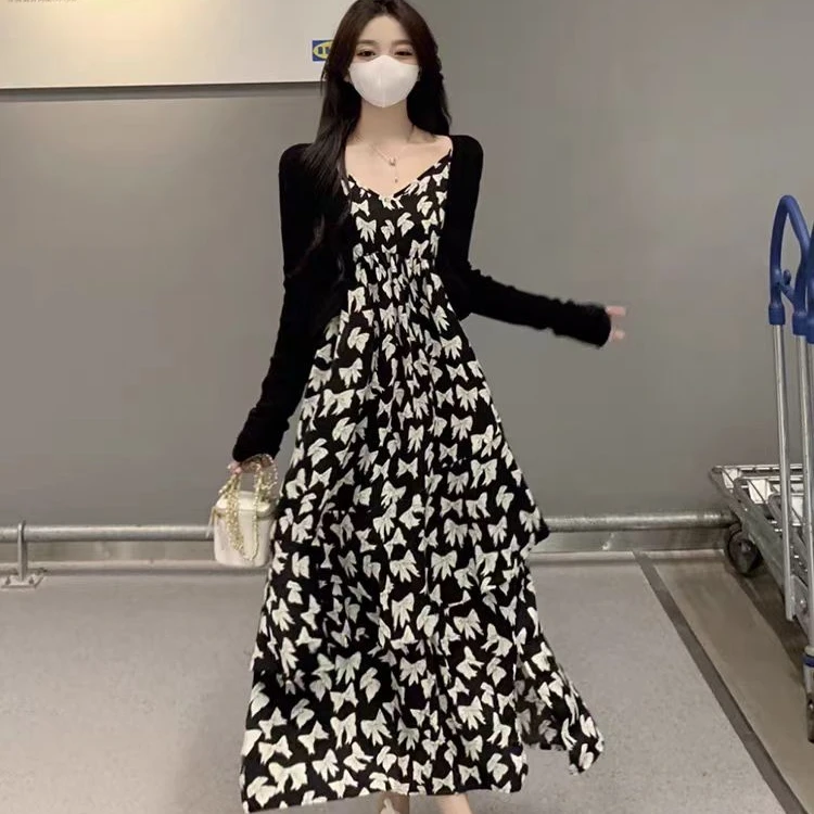 新款胖MM吊带碎花连衣裙新款垂感长裙子外搭防晒开衫两件套1440