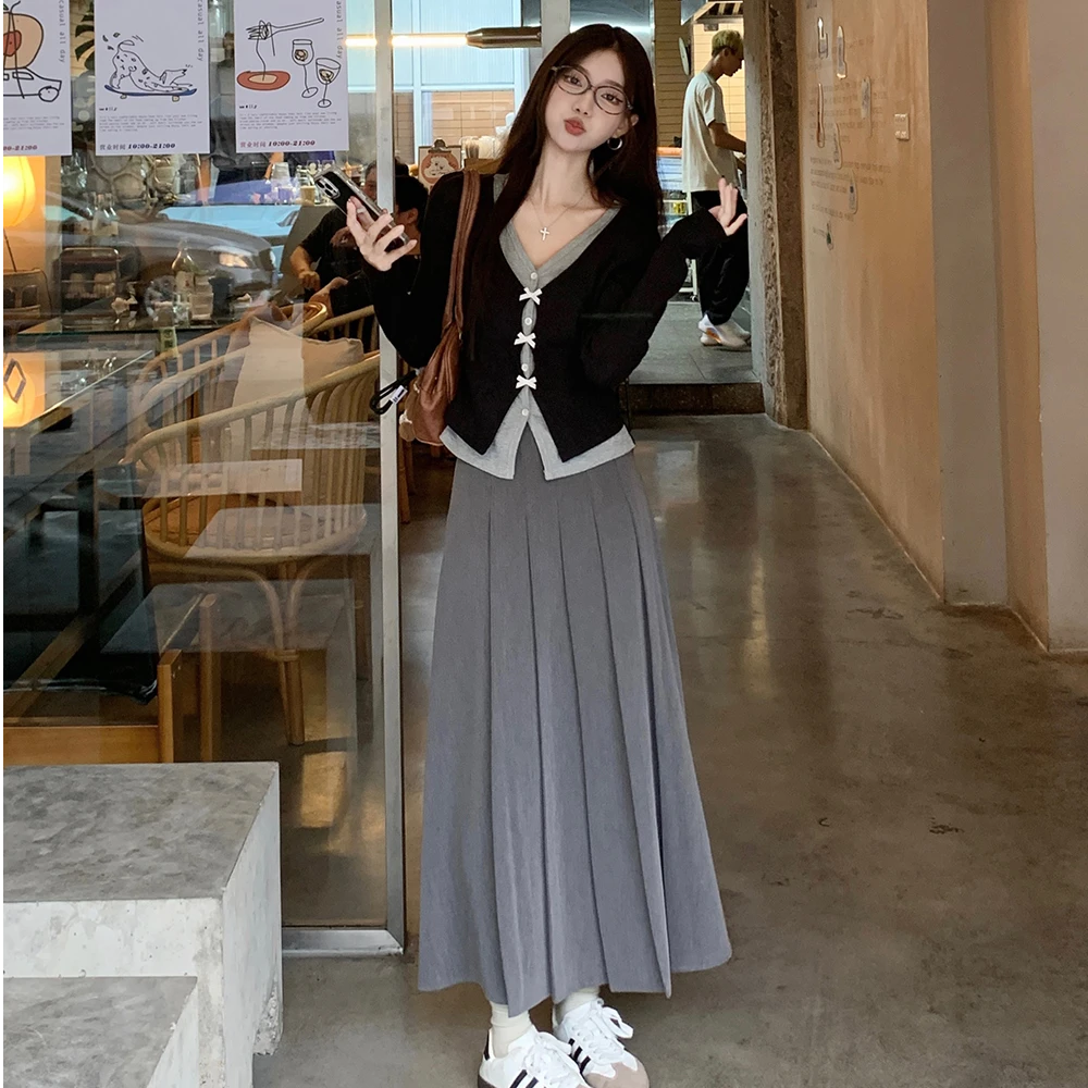假两件短款蝴蝶结韩系修身长袖上衣百褶半身长裙秋季休闲套装1613