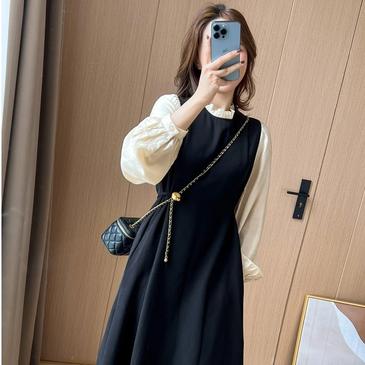 大码胖妹妹复古黑色假两件长袖连衣裙女秋法式遮肉显瘦打底裙1369