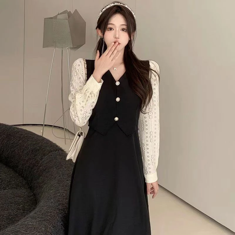 （现货）大码法式假两件收腰遮肚显瘦连衣裙胖MM赫本风小黑裙1213