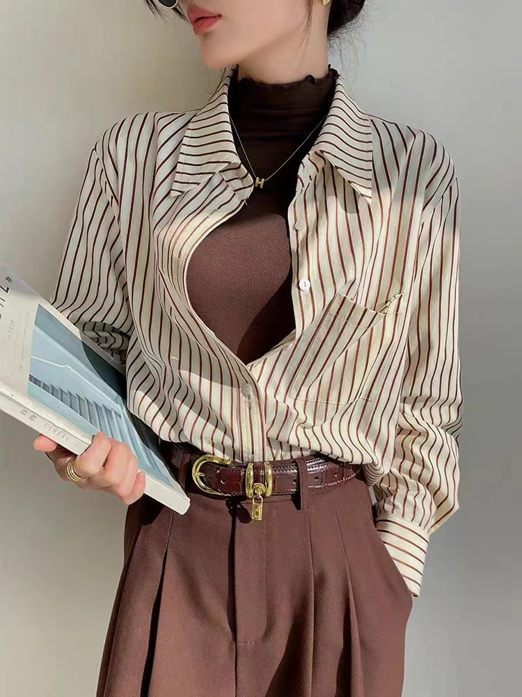 CS1064秋冬新款衬衫百搭休闲复古时尚条纹衬衫