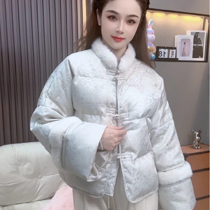 七七专属-中式国风拼接羽绒服新款盘扣提花外套保暖L2427