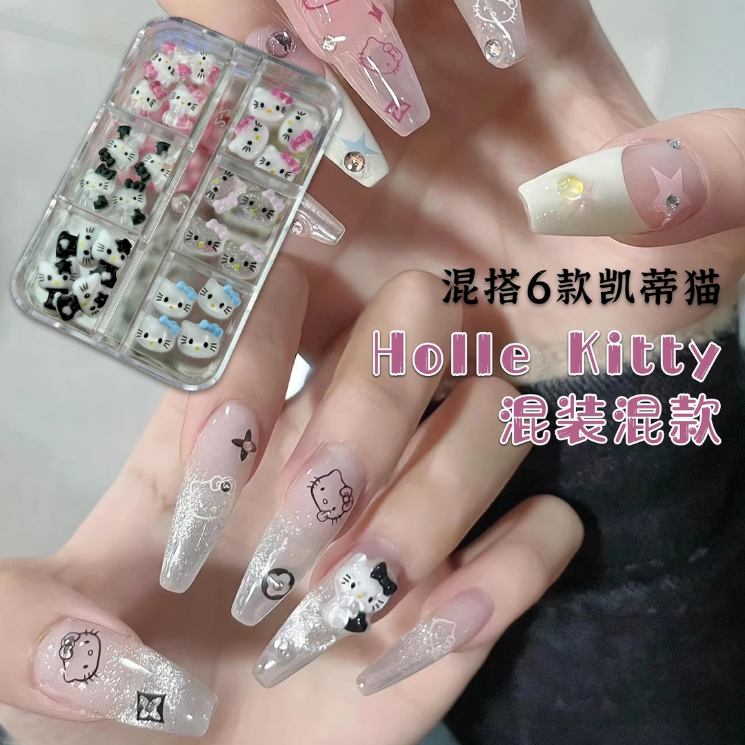 helloKitty小红书同款美甲饰品黑皮凯蒂猫粉蝴蝶结配饰穿戴甲配饰